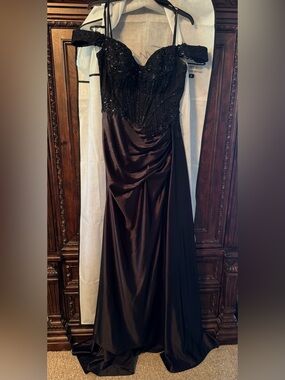 Off-Shoulder Black Beaded Satin Prom Gown